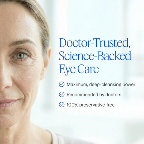Cliradex Towelettes promo image: close-up of a woman's face with blue eye-care text and check marks.