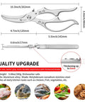 Heavy Duty Poultry Shears Kitchen Scissors With Non Slip Handle And Safety Lock A Real Workhorse For Cutting Chicken Meat Turkey Fish And Veggies Spring Loaded And Dishwasher Safe, featuring measurement details and uses.