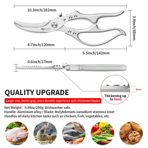 Heavy Duty Poultry Shears Kitchen Scissors With Non Slip Handle And Safety Lock A Real Workhorse For Cutting Chicken Meat Turkey Fish And Veggies Spring Loaded And Dishwasher Safe, featuring measurement details and uses.