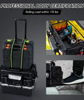Beefy Heavy Duty Rolling Tool Bag With Wheels, Waterproof Portable Storage Organizer Tote, open view of tools and 170 lb load.
