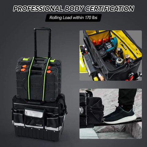 Beefy Heavy Duty Rolling Tool Bag With Wheels, Waterproof Portable Storage Organizer Tote, open view of tools and 170 lb load.