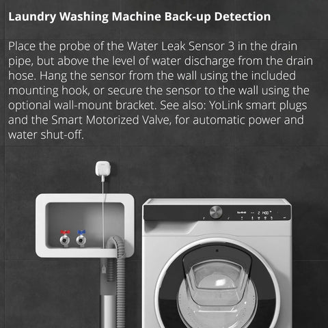 Smart Water Leak Sensor With 105dB Built In Siren, Alexa And IFTTT Compatible, shown attached near laundry machine for flood prevention