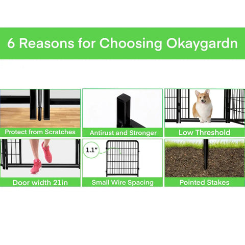 Image showing six features of Outdoor Dog Fence For Yard And Garden, 48 Inch High, 8 panels, including low threshold and pointed stakes.