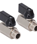 Rock Solid Mini Brass Ball Valve Featuring Dn8 G One Quarter Male And Female Threaded Pipe Connections For Smooth Plumbing Jobs Built Tough With Anti Rust Plating For Years Of Flawless Performance In A Money Saving Duo Pack, close-up view of two valves with black handles.