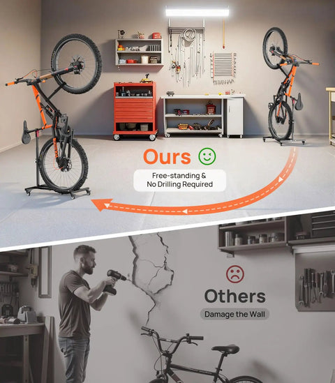 Freestanding Bike Stand With 360 Degree Lockable Wheels, Adjustable Height For Bikes Up To 29 Inches, No Drilling Needed