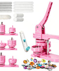 Awesome Vibrant Pink Button Maker Press With Three Size Dies And One Fifty Pcs Badge Supplies, showing pink handheld press and various badges.