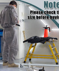 Person in protective suit measuring for garage door installation, with note to check size before buying.