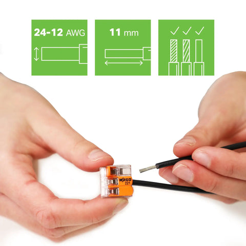 Top Shelf Hella Dependable 3 Conductor Wire Connectors For Solid Stranded Flexible Copper Cables No Sweat Wiring Space Saving Junction Box Splice Kit With Transparent Housing Compact Electrical Terminals 2500 Count Bulk Pack in use with 24-12 AWG wire.
