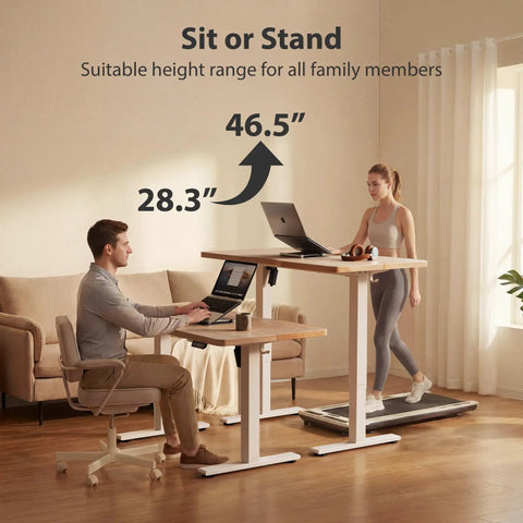 Electric Height Adjustable Standing Desk 48x24 Inches With White Frame And Maple Top, two people using at 28.3 to 46.5 inches