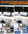 Side-by-side of desk wires before and after using a braided split sleeve cable management for cars and home, showcasing tidiness.