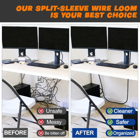 Side-by-side of desk wires before and after using a braided split sleeve cable management for cars and home, showcasing tidiness.