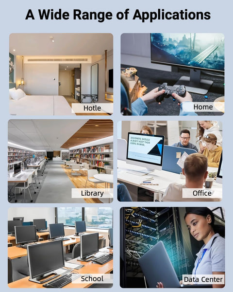 Collage of various settings using Cat 8 Ethernet Cable 10 Ft Black for Fast Home Network including hotel, home, and office.