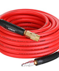 Coiled red Hybrid Air Hose For Air Compressors Three Eighths Inch By Fifty Feet Built To Last Heavy Duty Lightweight Kink Resistant