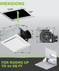 Dimensions for Ultra Quiet Ceiling Bathroom Exhaust Fan 50 CFM White Mount, diagram shows fitting in a 50 sq ft space
