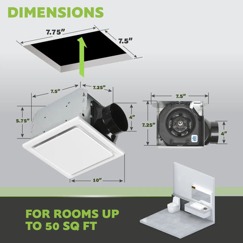 Dimensions for Ultra Quiet Ceiling Bathroom Exhaust Fan 50 CFM White Mount, diagram shows fitting in a 50 sq ft space