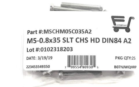 Top Shelf M5 X35 Stainless Steel Slotted Cheese Head Machine Screws Din84 A2-70 Heavy Duty Fasteners Pack Of 25 in resealable packaging.