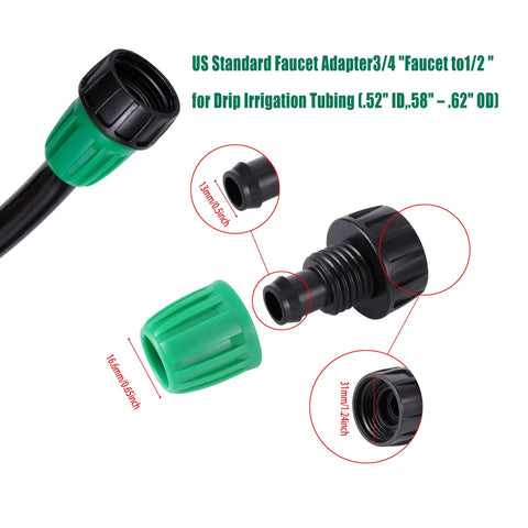 4 Pack Three Quarter to One Half Inch Faucet Adapter for Drip Irrigation Hose and Tubing US Standard Easy Hookup close-up view