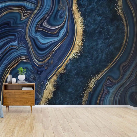 Peel And Stick Blue Marble Wallpaper Rolls 144 Inch Wide By 100 Inch High Self Adhesive Decor For Walls With Golden Veins Mosaic Pattern And A Jaw Dropping Luxe Look installed on a wall with a small wooden cabinet.
