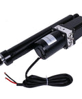 12V DC electric linear actuator, side view, black metal housing with mounting eye and wiring harness.