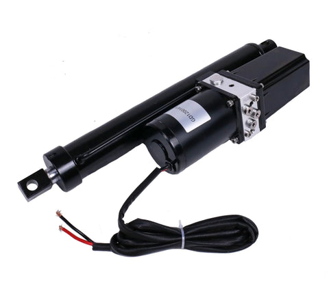 12V DC electric linear actuator, side view, black metal housing with mounting eye and wiring harness.