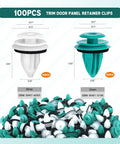 100Pcs Door Panel Retainer Clips 90467-10188 And 90467-A0005, green and white, compatible with Toyota Lexus vehicles, shown in packaging.