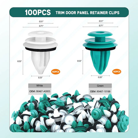 100Pcs Door Panel Retainer Clips 90467-10188 And 90467-A0005, green and white, compatible with Toyota Lexus vehicles, shown in packaging.