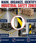 Knockout Black And Yellow Hazard Stripe Tape For Floor Marking Hella Visible Safety Warning Roll on warehouse floor with boxes.