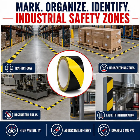 Knockout Black And Yellow Hazard Stripe Tape For Floor Marking Hella Visible Safety Warning Roll on warehouse floor with boxes.