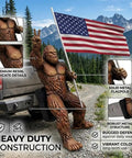 Bigfoot Sasquatch Hitch Cover With American Flag Design For 2 Inch Receivers Fits SUVs Trucks Cars Universal Tow Hook Cover Built For Durability Weatherproof Finish And Easy No Tool Install For Your Ride displayed at truck rear, showcasing solid metal flagpole.