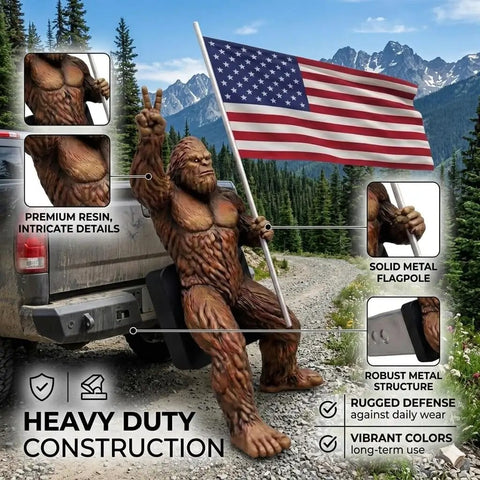 Bigfoot Sasquatch Hitch Cover With American Flag Design For 2 Inch Receivers Fits SUVs Trucks Cars Universal Tow Hook Cover Built For Durability Weatherproof Finish And Easy No Tool Install For Your Ride displayed at truck rear, showcasing solid metal flagpole.