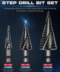 Rugged Step Drill Bit Set With M35 Cobalt HSS TiAlN Coating For Tough Jobs, 3-Piece ANITAGER Pack, sizes 5/32 to 1-1/4 inch.