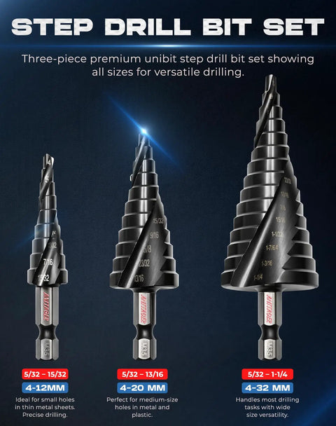 Rugged Step Drill Bit Set With M35 Cobalt HSS TiAlN Coating For Tough Jobs, 3-Piece ANITAGER Pack, sizes 5/32 to 1-1/4 inch.