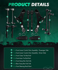 12 Piece Front Suspension Kit For Lexus RX330 RX350 And Toyota Highlander Includes Front Lower Control Arms Sway Bar Links Inner Outer Tie Rod Ends With Steering Boots, black steel parts