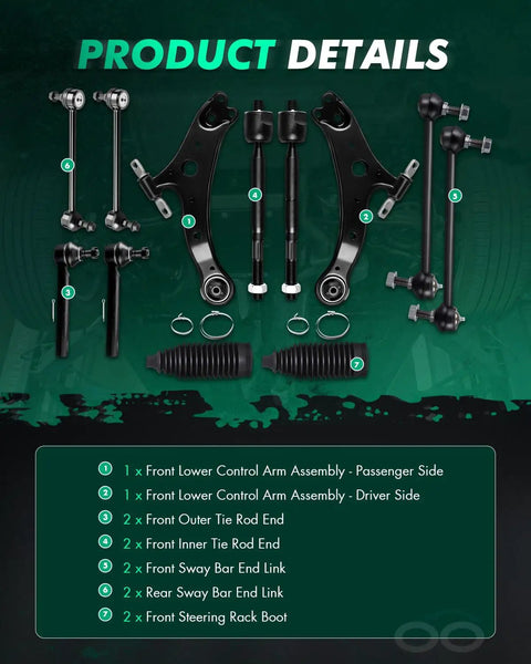 12 Piece Front Suspension Kit For Lexus RX330 RX350 And Toyota Highlander Includes Front Lower Control Arms Sway Bar Links Inner Outer Tie Rod Ends With Steering Boots, black steel parts