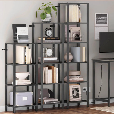 Tall Narrow Bookshelf Featuring Six Tier Open Shelves Compact Slim Design Versatile End Table Pair Heavy Duty Build For Cramped Spaces with books and decor.