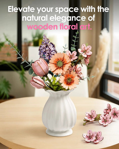 3D Wooden Flower Puzzle Kit For Adults, Dope DIY Botanical Orchid Build Set, Purple Moth Orchid Craft Project, Perfect Gift For Mother's Day, Valentine's Day, Teacher's Day, Home Decor And Creative Relaxation. Wooden floral bouquet in vase