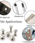 Heavy Duty Silver Chicago Screw Rivet Kit With 90 Pieces Assorted M4 And M5 Sizes For Leather Crafting DIY Projects showing various applications in leather craft.