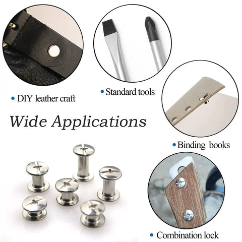 Heavy Duty Silver Chicago Screw Rivet Kit With 90 Pieces Assorted M4 And M5 Sizes For Leather Crafting DIY Projects showing various applications in leather craft.