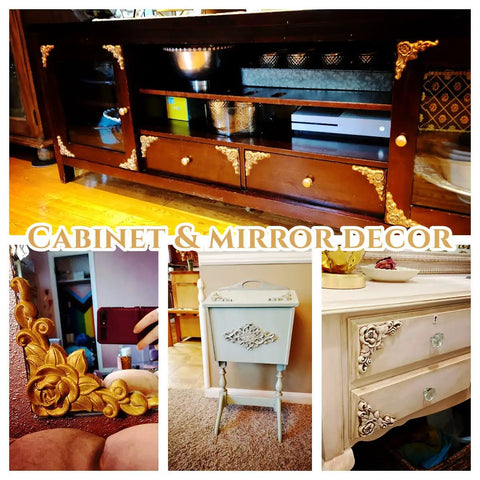 Premium Wood Carved Appliques And Onlays Four Piece Set Of Unpainted Rose Corner Decals on furniture and mirrors.