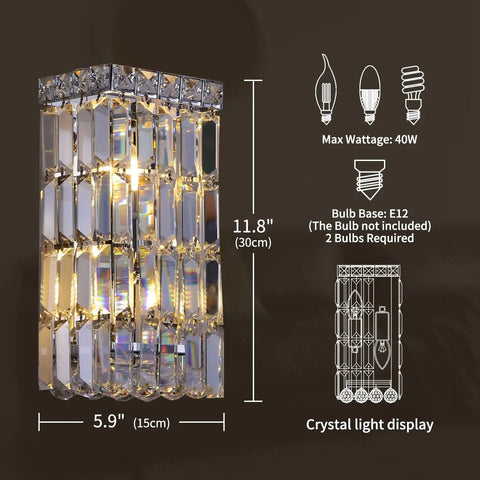 Indoor Modern Two Light Crystal Wall Sconce, Chrome Wall Mount Lamp with Hanging Crystal Balls, Silver Square Base, K9 Light Fixture