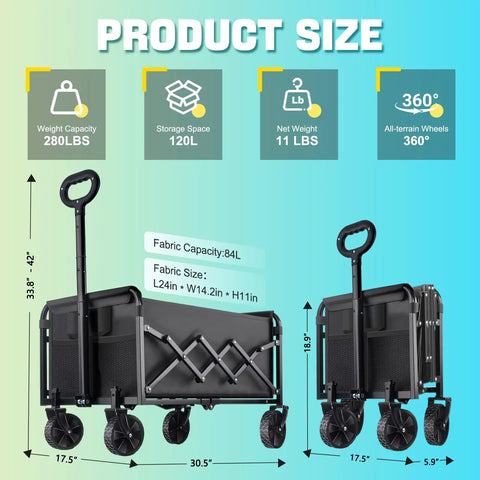 Heavy Duty Folding Wagon For All Terrain Use With 280 Lb Load Capacity Collapsible Utility Wagon On Wheels Beach Grocery