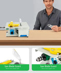 5-In-1 Lapidary Saw Kit shown on bench, including table grinder and saw blade guard for cutting, 750W motor, 800-10000 RPM.