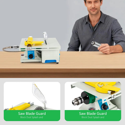 5-In-1 Lapidary Saw Kit shown on bench, including table grinder and saw blade guard for cutting, 750W motor, 800-10000 RPM.