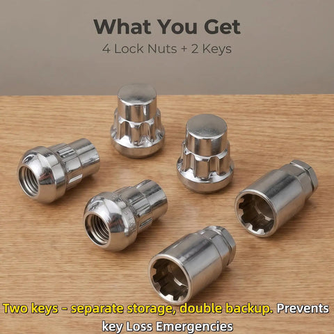 Honda Wheel Lock Kit 6 Piece M12x1.5 Anti Theft Lug Nuts With 2 Keys on wooden surface, includes four lock nuts.