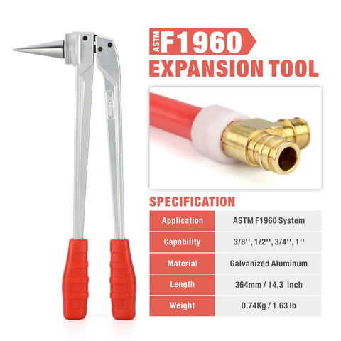 F1960 PEX A Expansion Tool With Pipe Cutter And Expander Heads for plumbing, ASTM F1960 system specification details shown