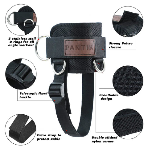 Secure Fit Two Pack Ankle Straps For Cable Machine With Crazy Comfy Neoprene Padding And Bombproof Steel Double Hooks, showing velcro and D rings.