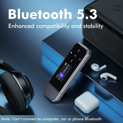 64GB Type C USB MP3 Player With Bluetooth 5.3, clip on portable music player, earphones, and accessories on blue background