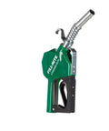 Automatic Fuel Transfer Nozzle 3/4 Inch Beefy Rugged Aluminum Build For Gasoline Diesel Biodiesel Up To B20 E15 Kerosene 3 To 15 GPM Green Finish Easy Fill Auto Shutoff Standard Duty With Spring in angled view showing green handle and metal spout.