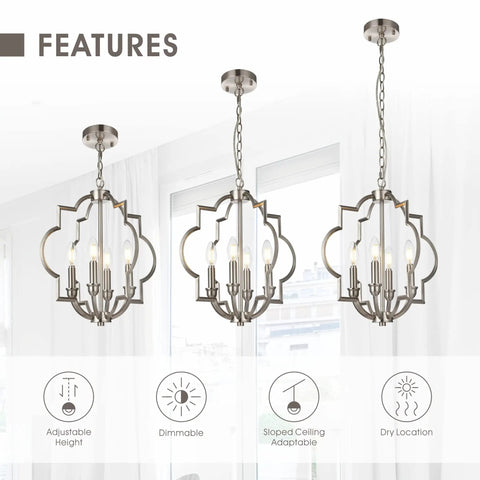 Brushed Nickel 4-Light Farmhouse Chandelier With Geometric Orb Pendant Adjustable Height Ceiling Light features