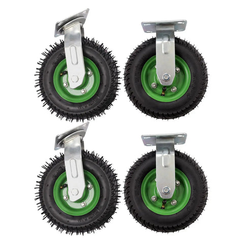 Heavy Duty Pneumatic Caster Wheels Set Of Four Includes Two Swivel And Two Rigid Fixed Air Tires with thick rubber treads.
